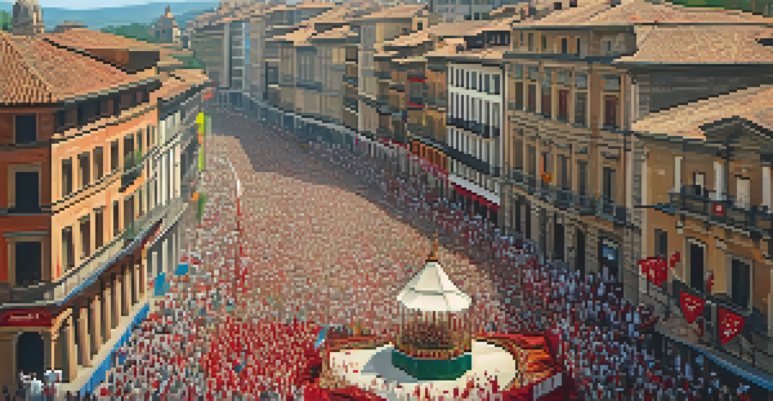Aerial view of the San Fermín festival in Pamplona, showing colorful parades and excited crowds celebrating in the streets.