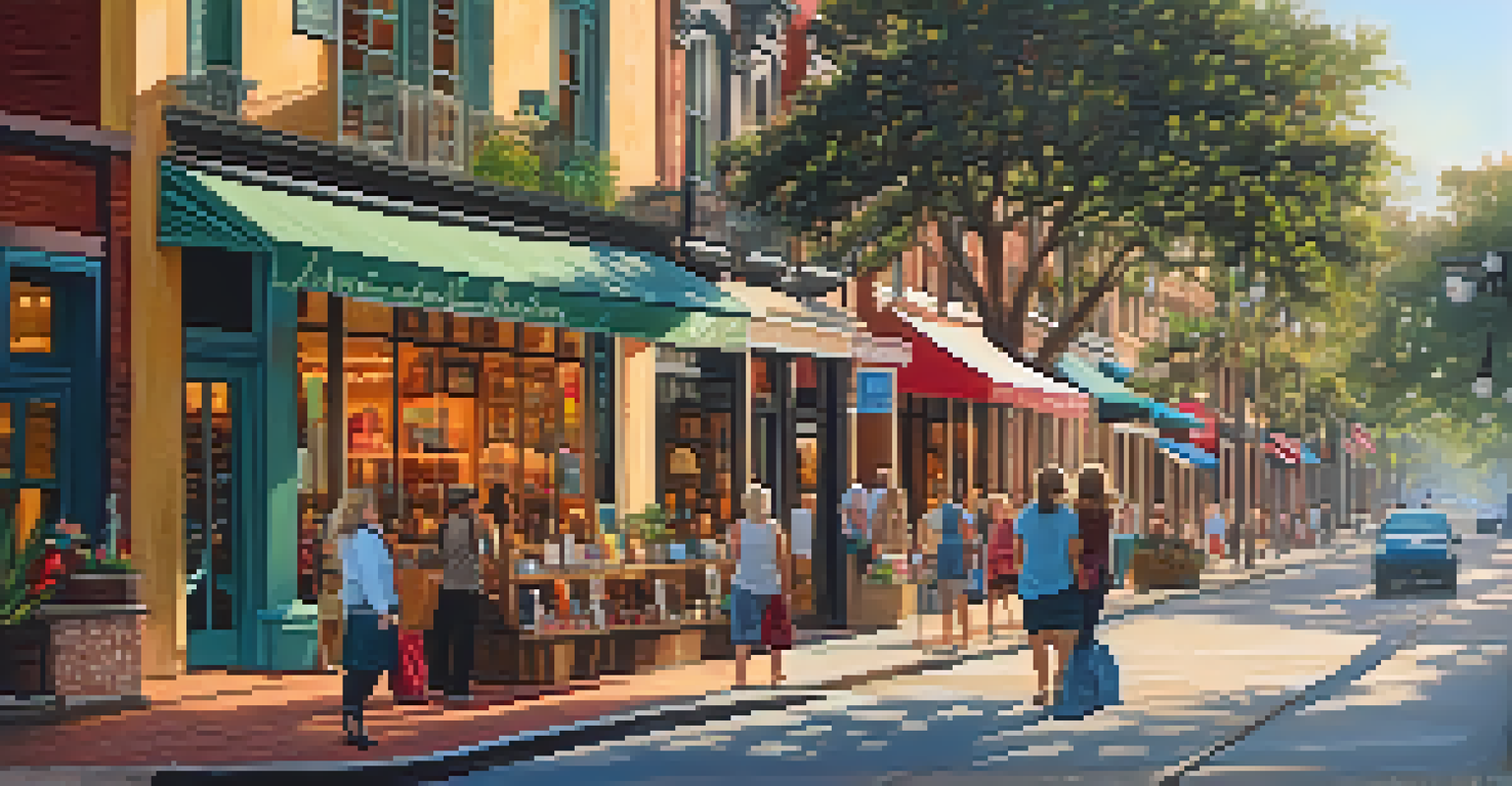 A lively street scene in Savannah featuring local shops and people exploring.