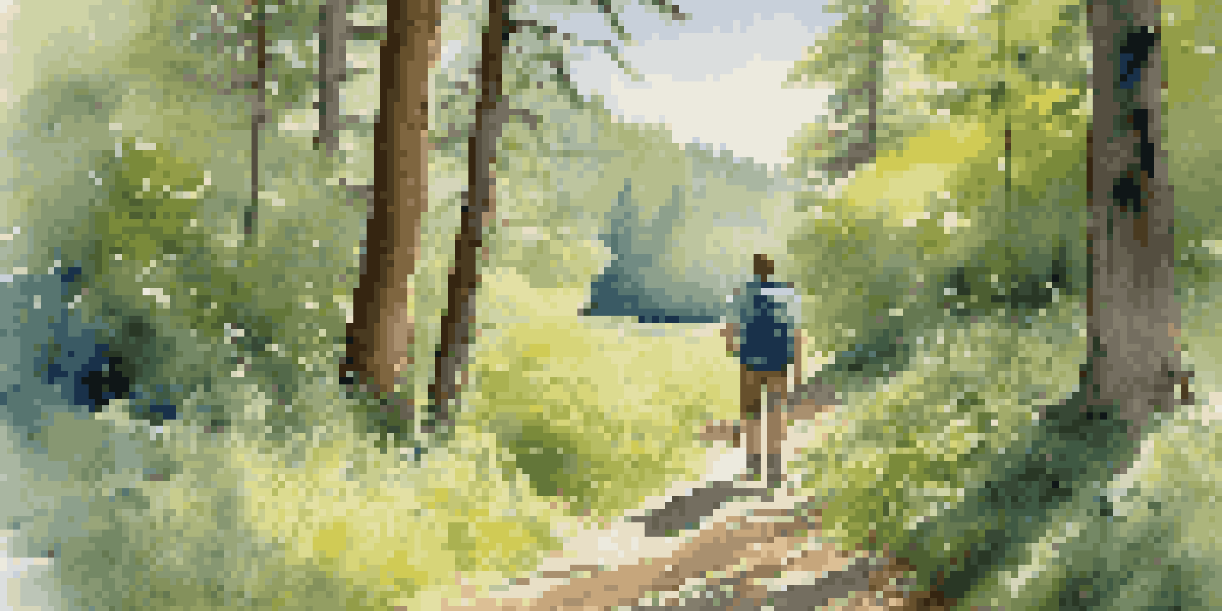 A hiker walking on a trail in a vibrant green forest with sunlight filtering through the trees.