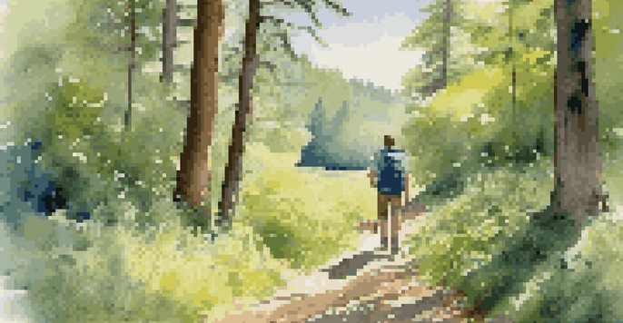 A hiker walking on a trail in a vibrant green forest with sunlight filtering through the trees.