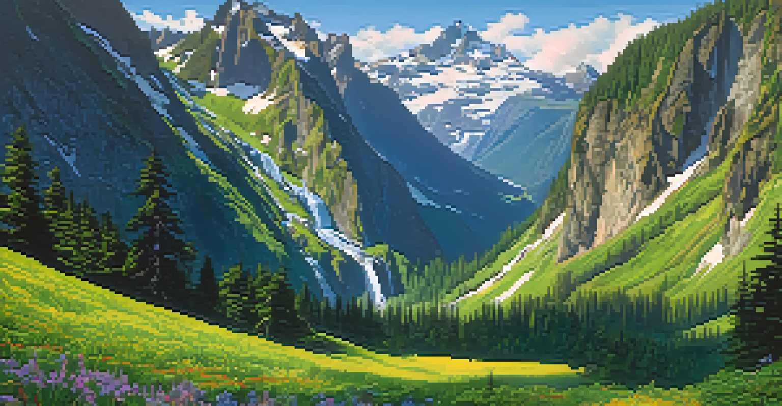 A picturesque view of the Enchanted Valley with waterfalls, wildflowers, and snow-capped peaks under a blue sky.