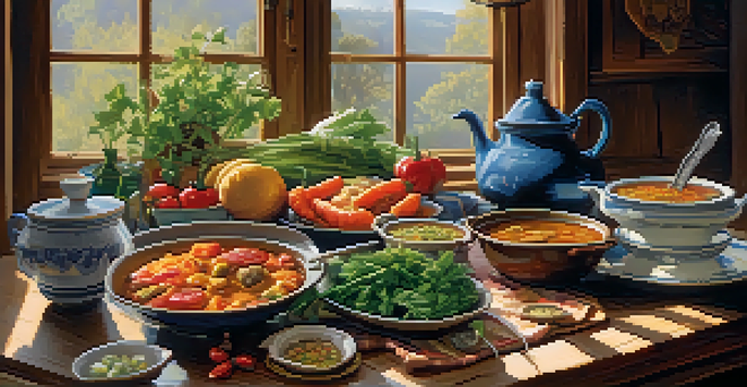 A rustic kitchen table filled with traditional heritage dishes, colorful vegetables, and a steaming pot of gumbo, illuminated by warm sunlight.