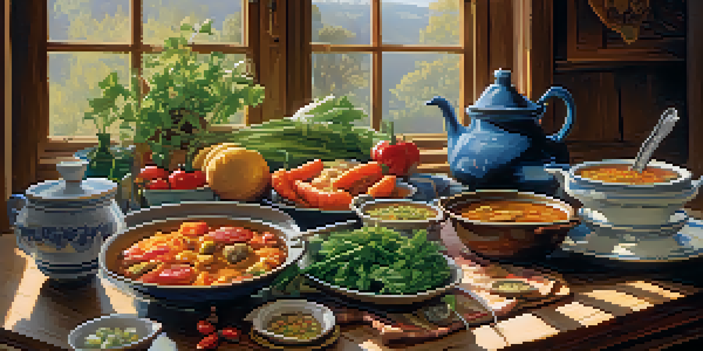 A rustic kitchen table filled with traditional heritage dishes, colorful vegetables, and a steaming pot of gumbo, illuminated by warm sunlight.