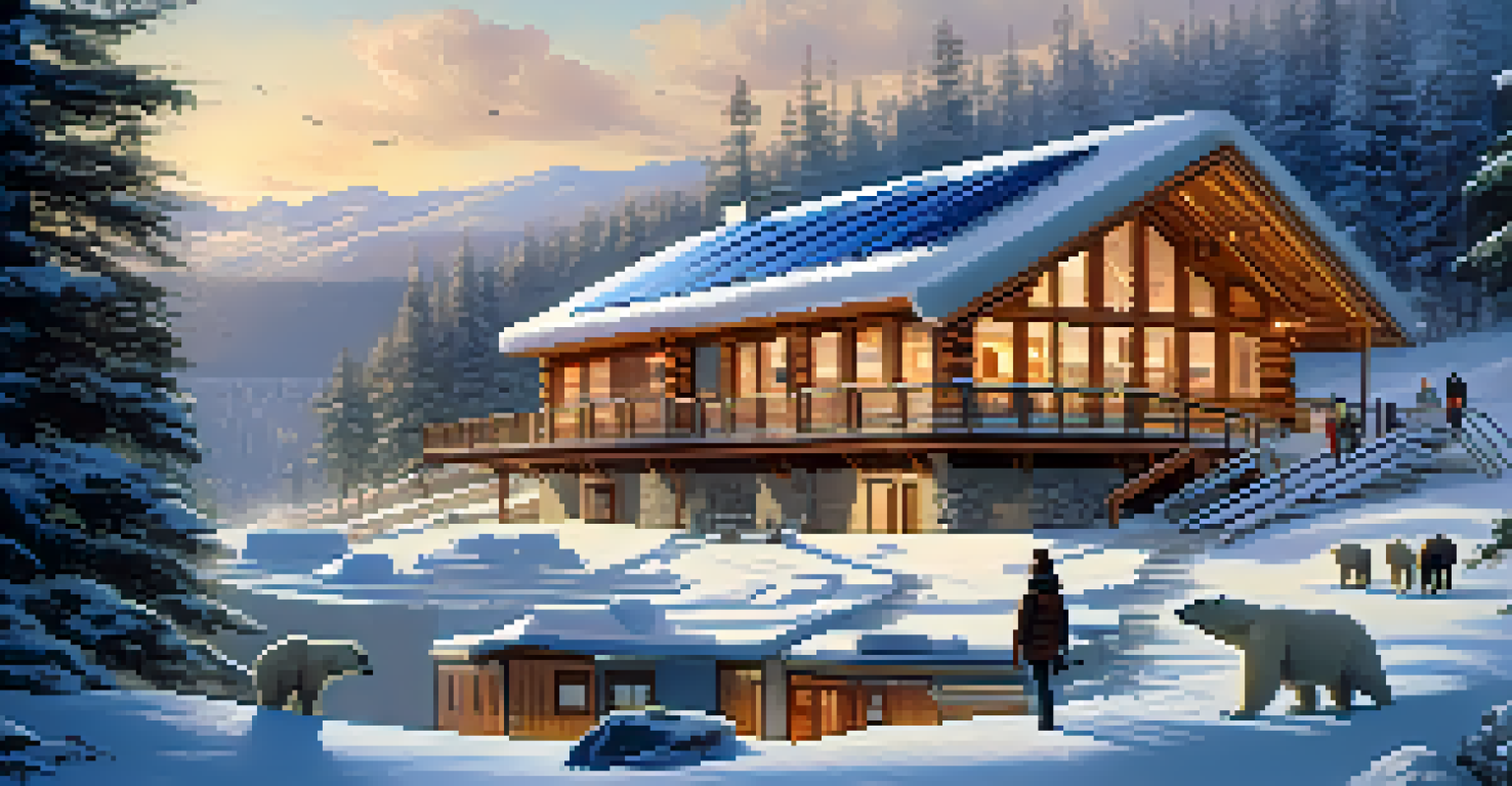 An eco-friendly lodge in a snowy landscape with travelers observing wildlife.