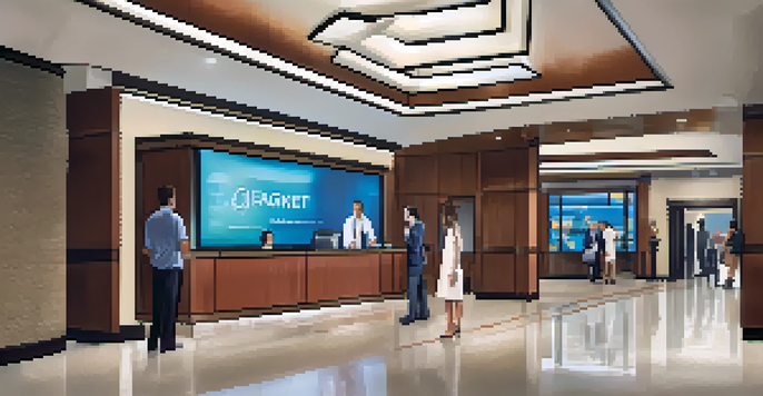 A hotel lobby showcasing emergency exit signs and a digital screen with evacuation procedures, emphasizing safety and hospitality.