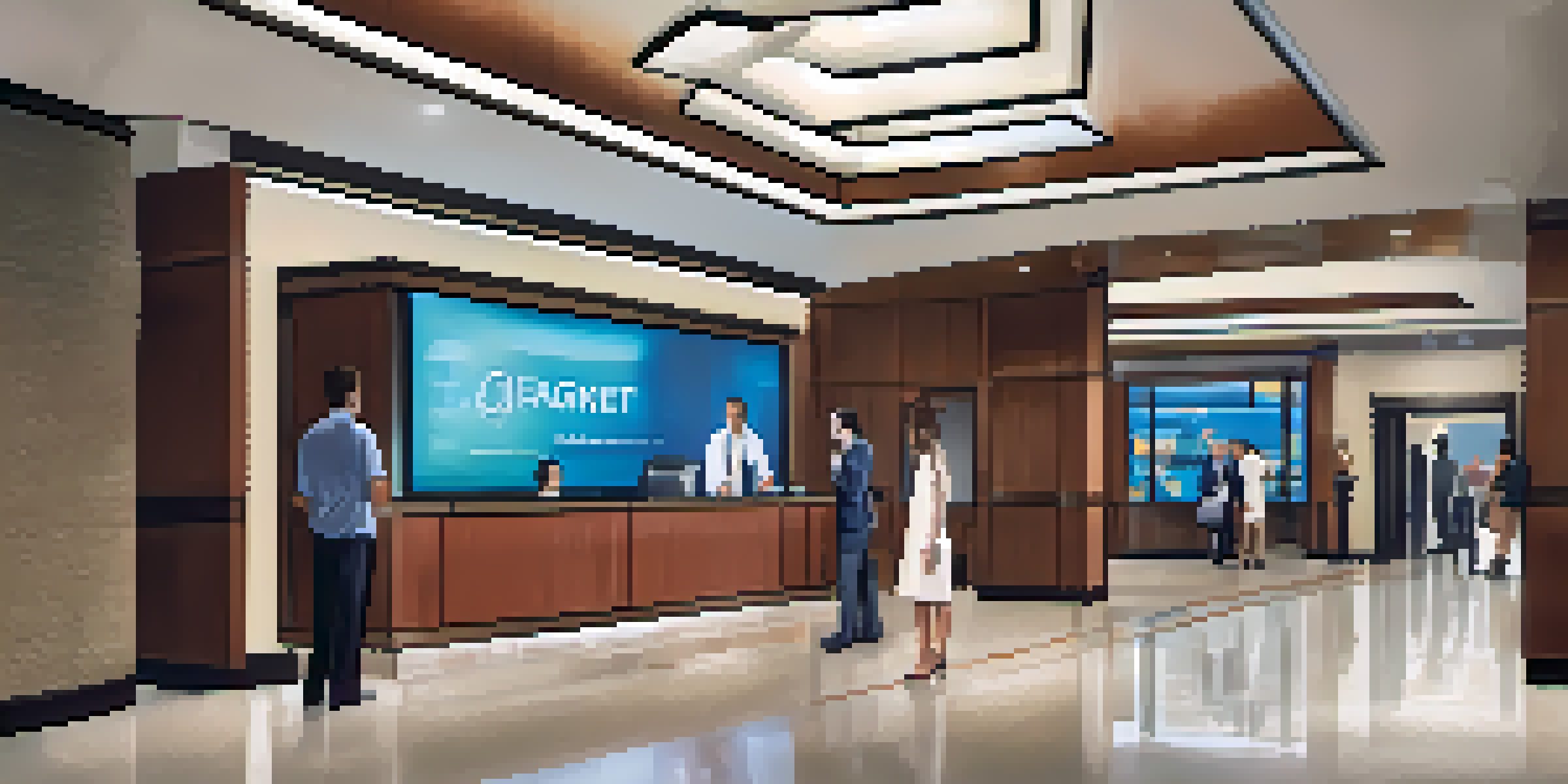 A hotel lobby showcasing emergency exit signs and a digital screen with evacuation procedures, emphasizing safety and hospitality.