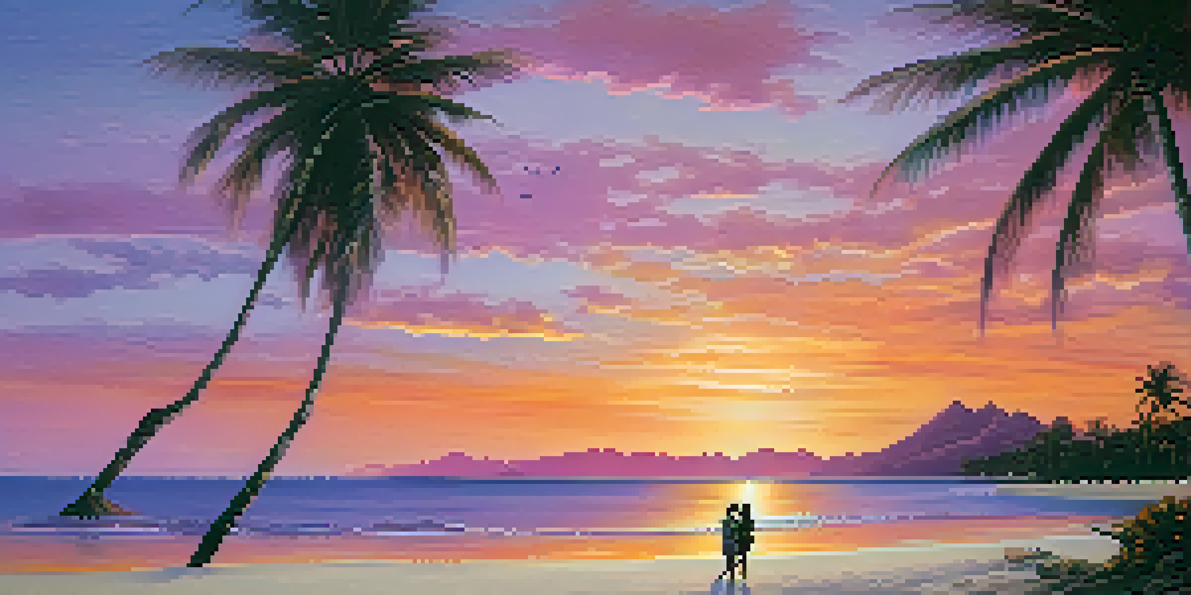 A couple relaxing on a tropical beach during sunset, with soft sand and gentle waves.