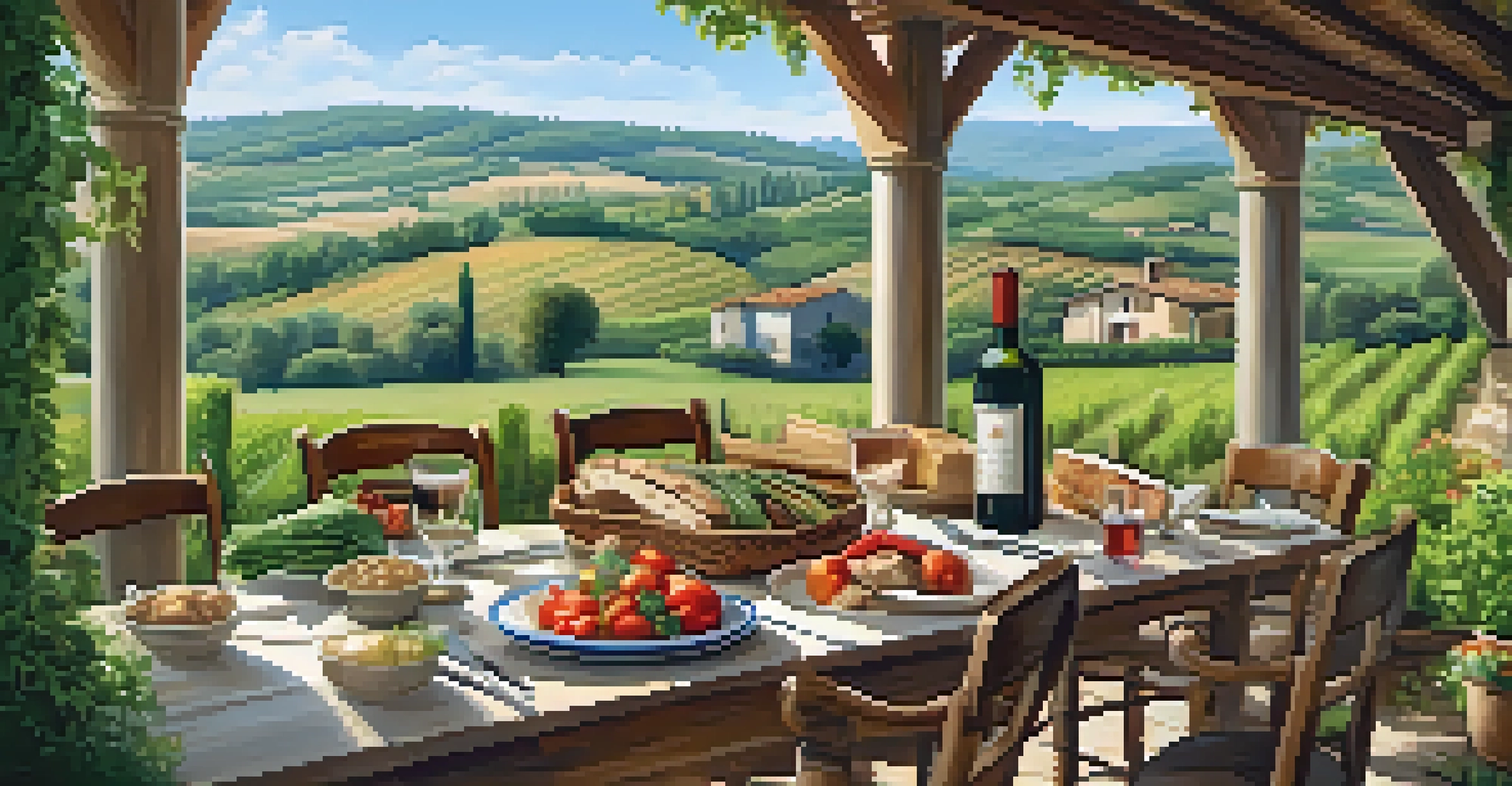 A rustic wooden table in the Italian countryside set with fresh, local ingredients surrounded by greenery and hills.