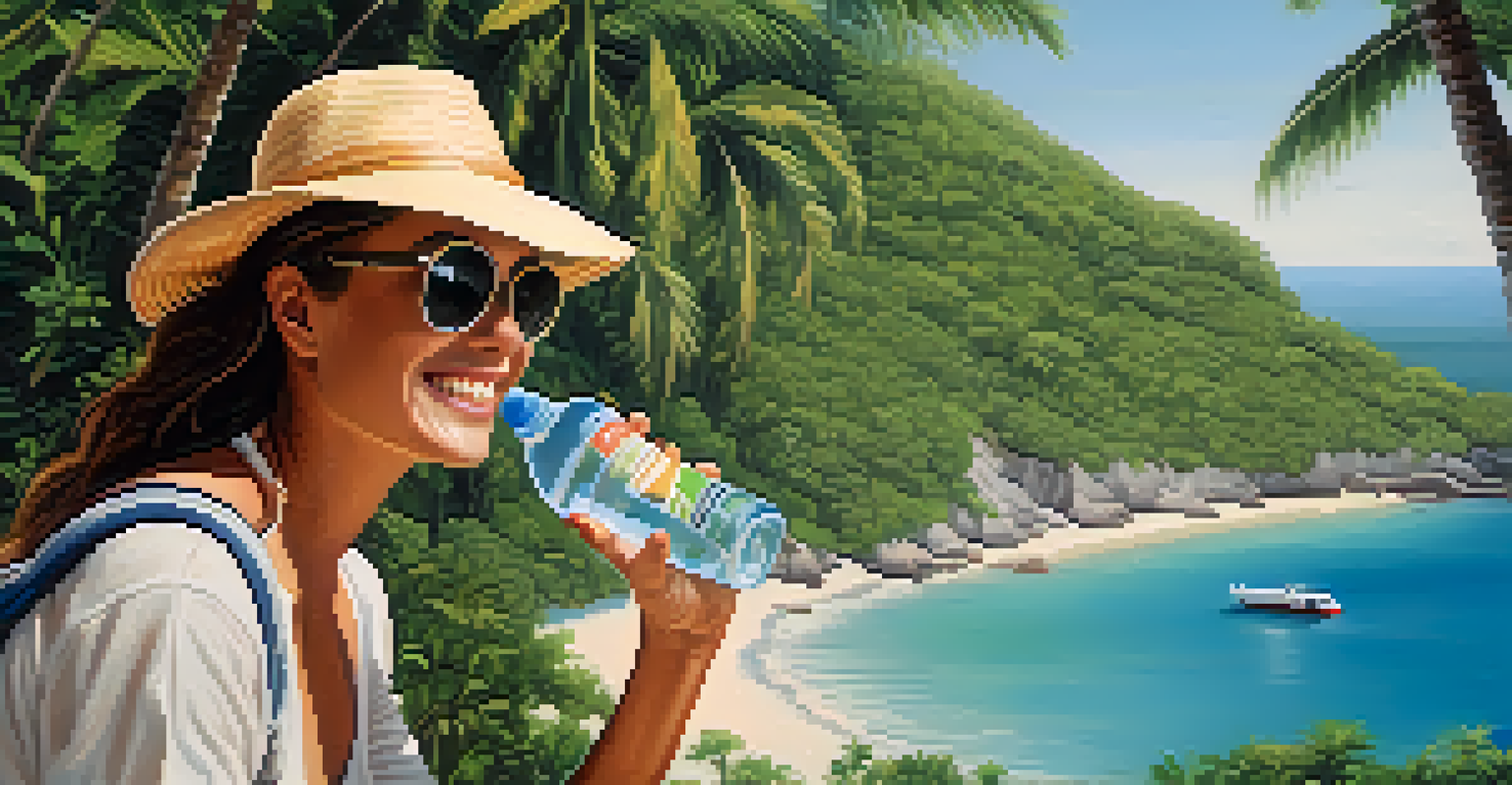 A traveler smiles in a tropical landscape with beach and greenery, holding a bottle of water, representing health and safety during travel.