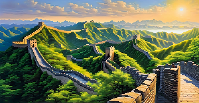 A scenic view of the Great Wall of China surrounded by green mountains during sunset, with travelers walking along the wall.
