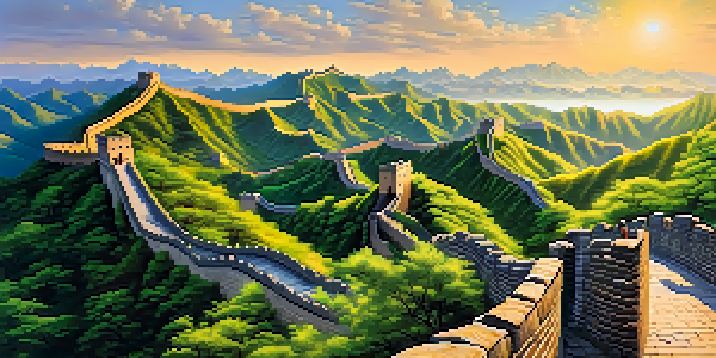 A scenic view of the Great Wall of China surrounded by green mountains during sunset, with travelers walking along the wall.