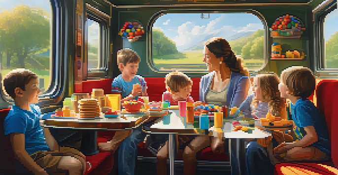 A happy family enjoying a train journey with snacks and toys, sunlight illuminating their faces.