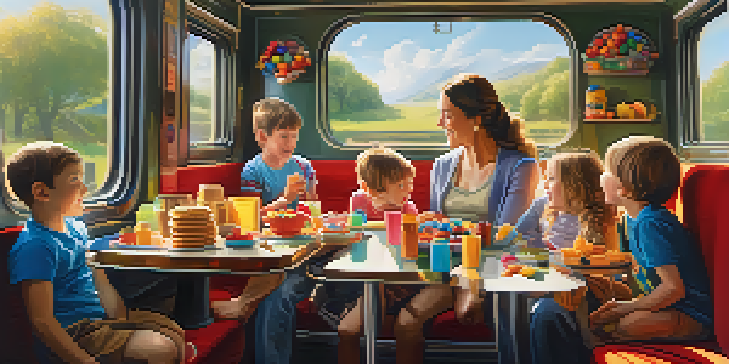 A happy family enjoying a train journey with snacks and toys, sunlight illuminating their faces.