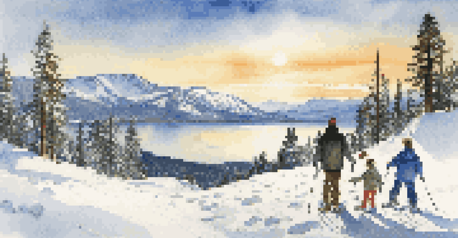 A winter scene at Lake Tahoe with a family snowshoeing by the lake, surrounded by snowy mountains and glistening sunlight.