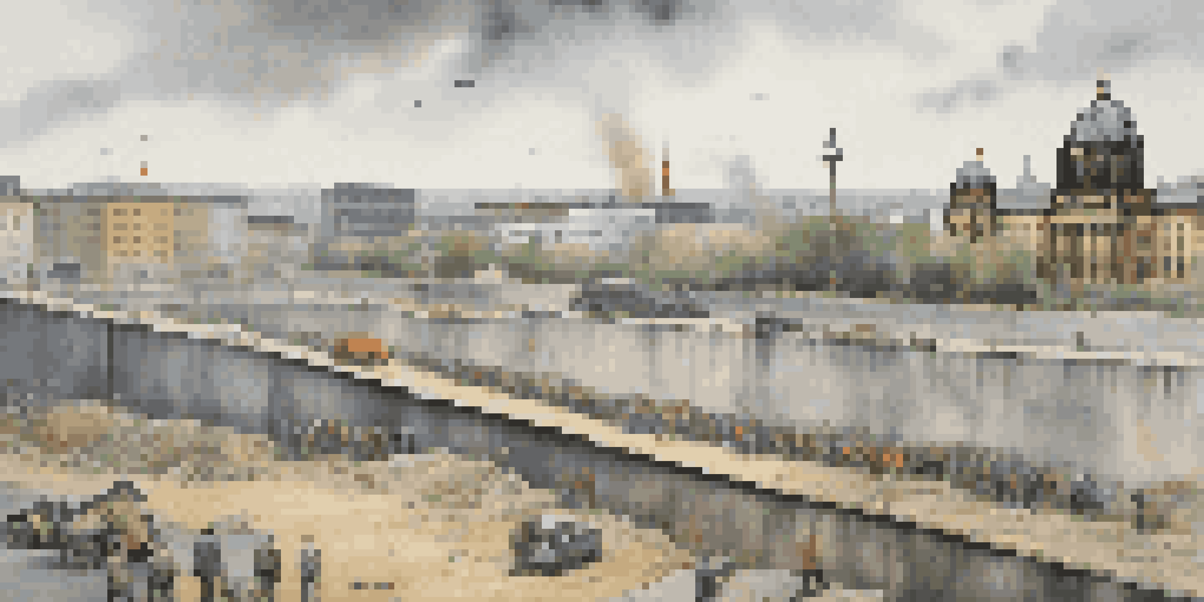 A panoramic view of the Berlin Wall being constructed in 1961, showing workers, grey East Berlin architecture, and colorful West Berlin streets.