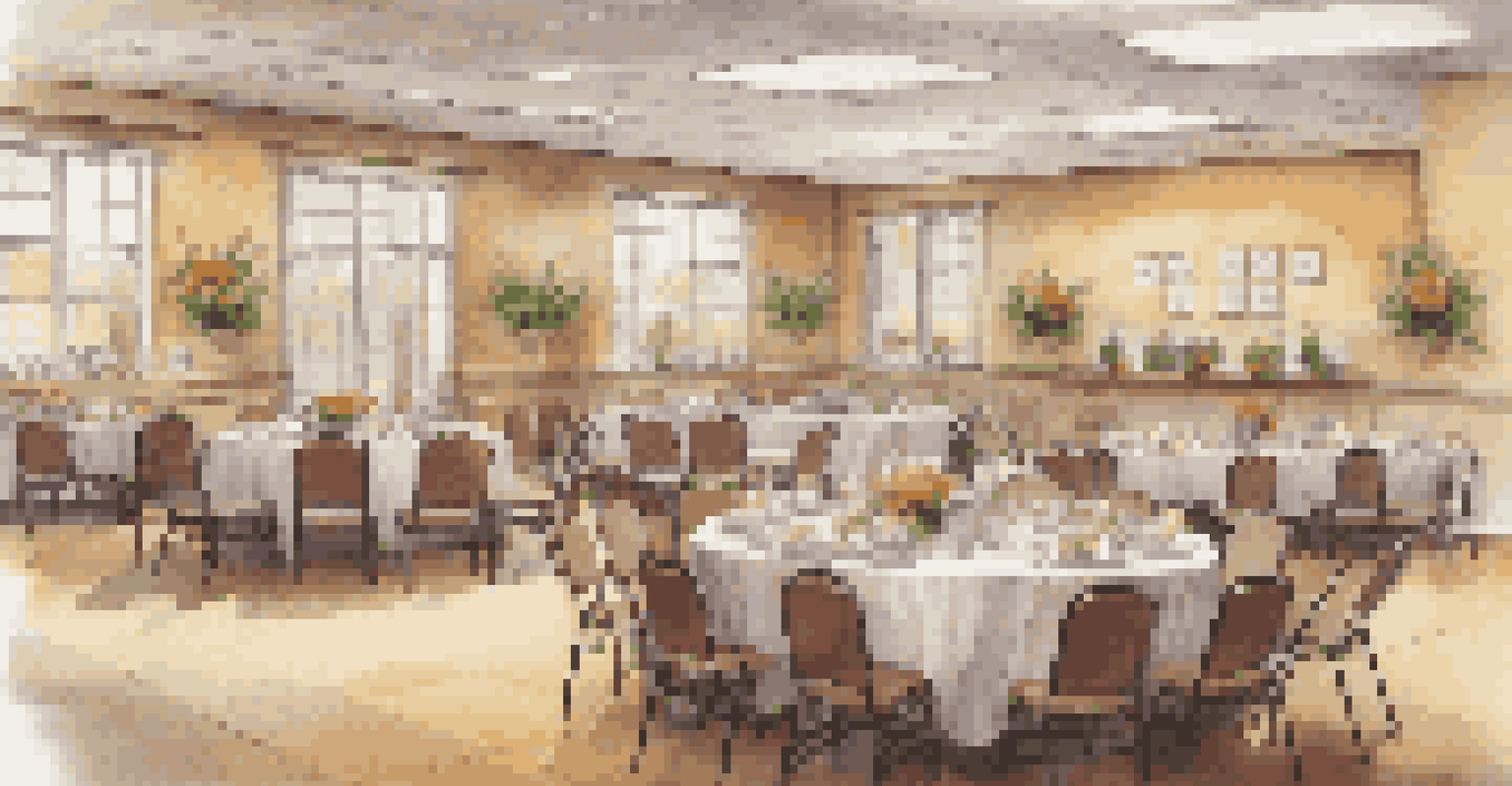 An interior view of a community center decorated for a family reunion, highlighting accessible seating and warm lighting.
