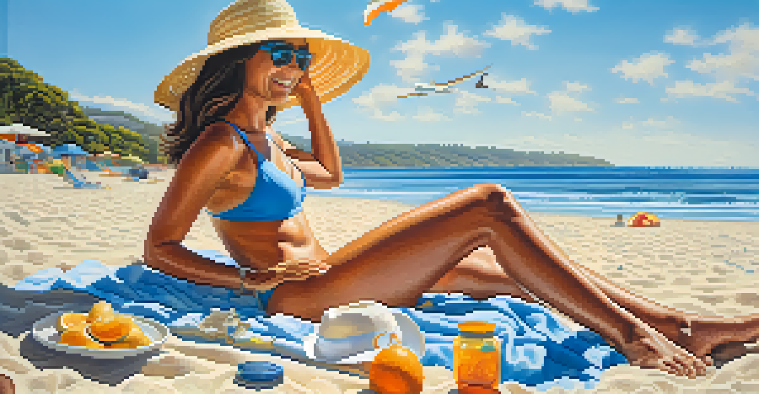 A traveler is applying sunscreen on a sunny beach with the ocean in the background, smiling and enjoying the moment.