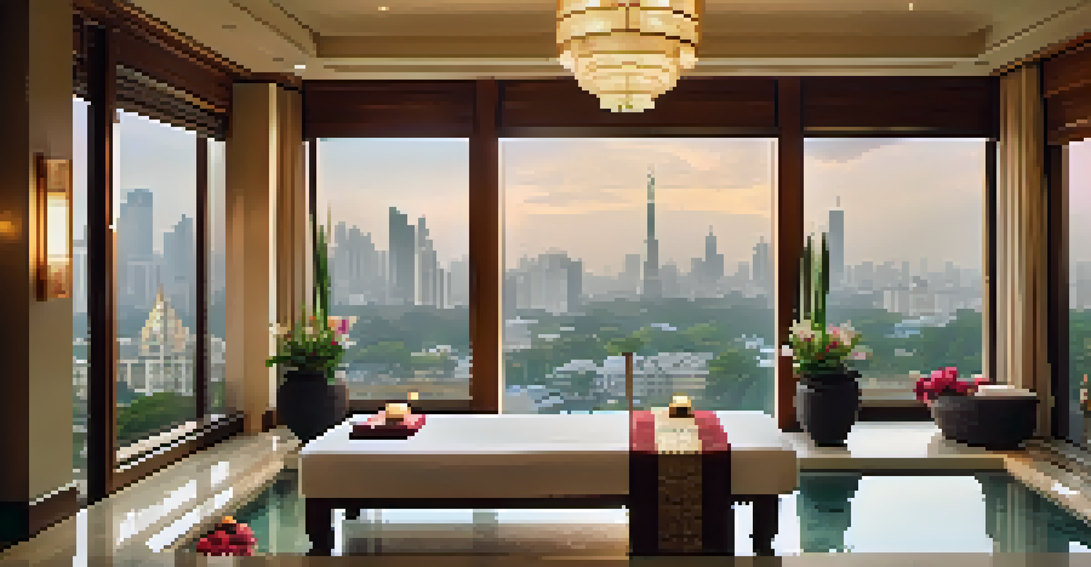 An elegant spa room at The Spa at Mandarin Oriental in Bangkok, showcasing traditional Thai decor and a peaceful city view.