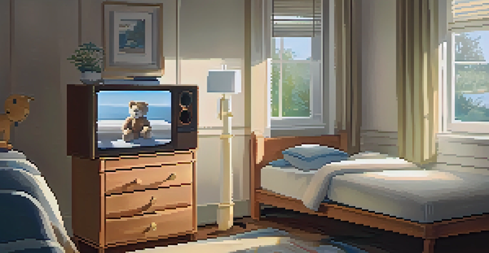 A peaceful hotel room designed for children, with soft lighting, a cozy bed, and familiar comforting items.