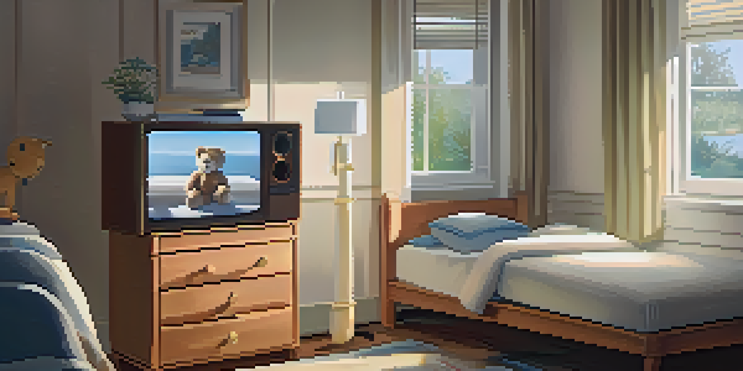 A peaceful hotel room designed for children, with soft lighting, a cozy bed, and familiar comforting items.