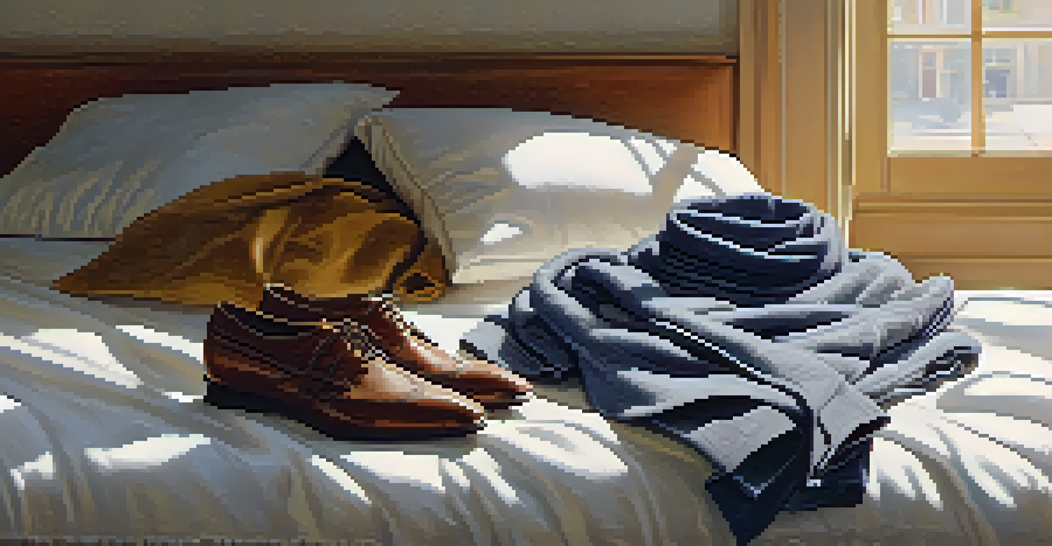 A close-up of versatile travel clothing displayed on a bed, including a dress and a scarf, with natural light illuminating the fabric.