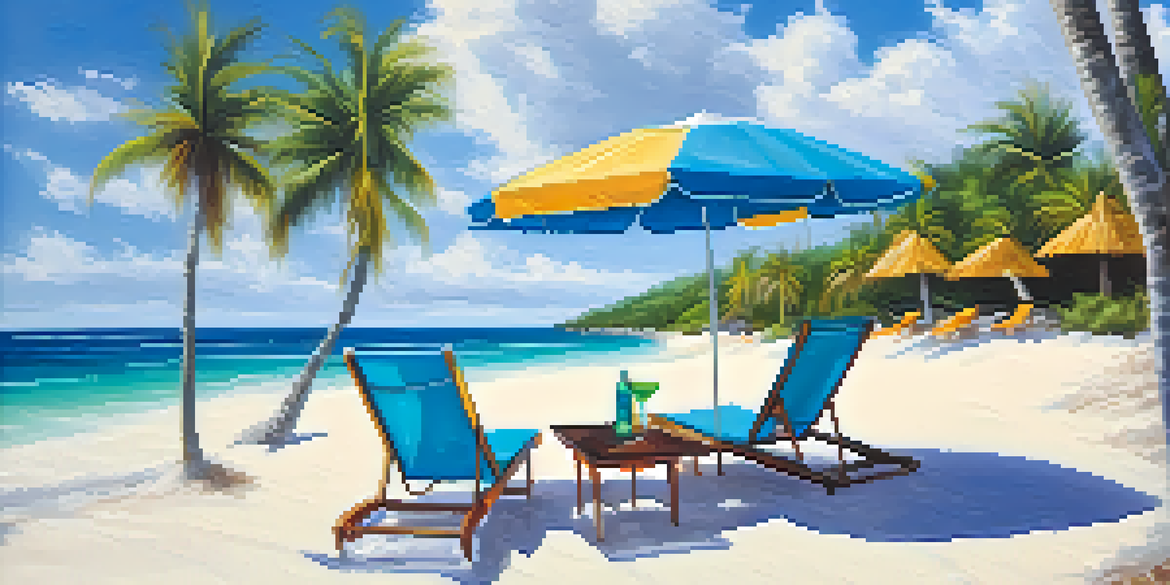 A tranquil Caribbean beach with clear waters, white sand, a beach umbrella, and a sailboat in the distance.