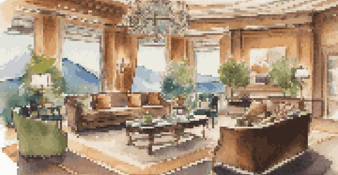 A luxurious travel club lounge with elegant furnishings, a chandelier, and travelers discussing itineraries.