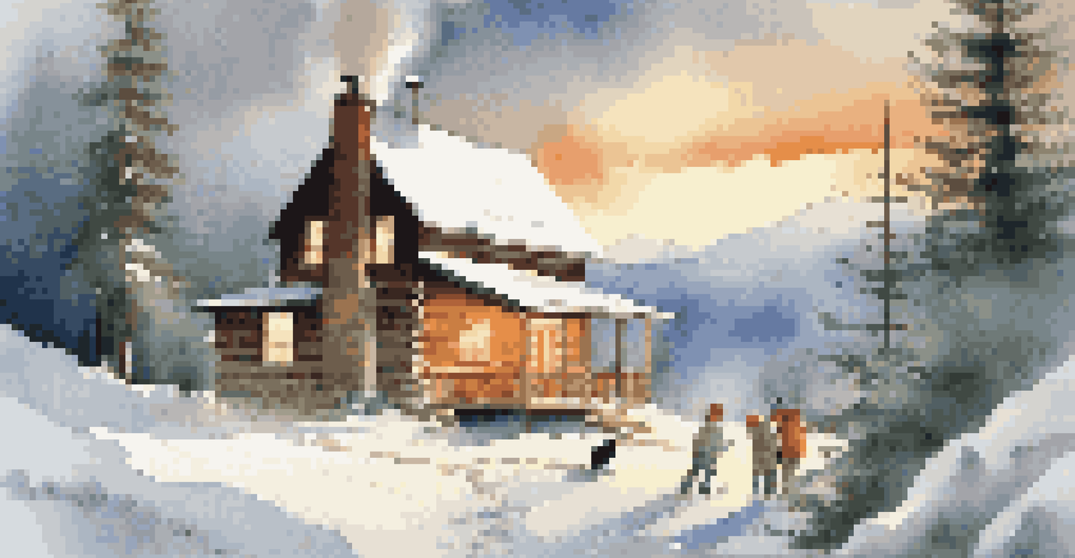 A family building a snowman outside a cozy cabin in a snowy mountain landscape.