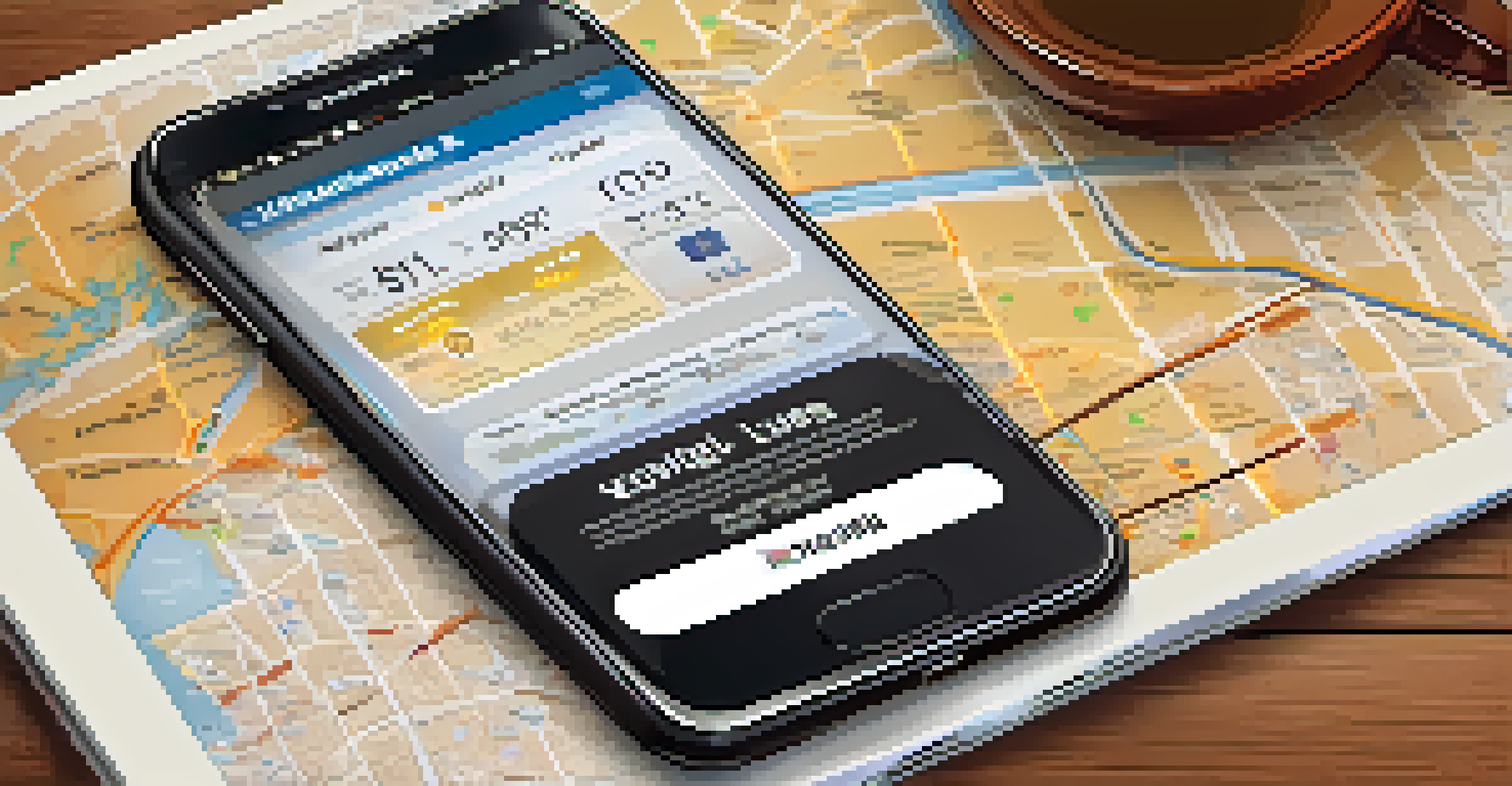 Close-up of a smartphone showing a flight booking app next to a coffee cup and a travel guide.