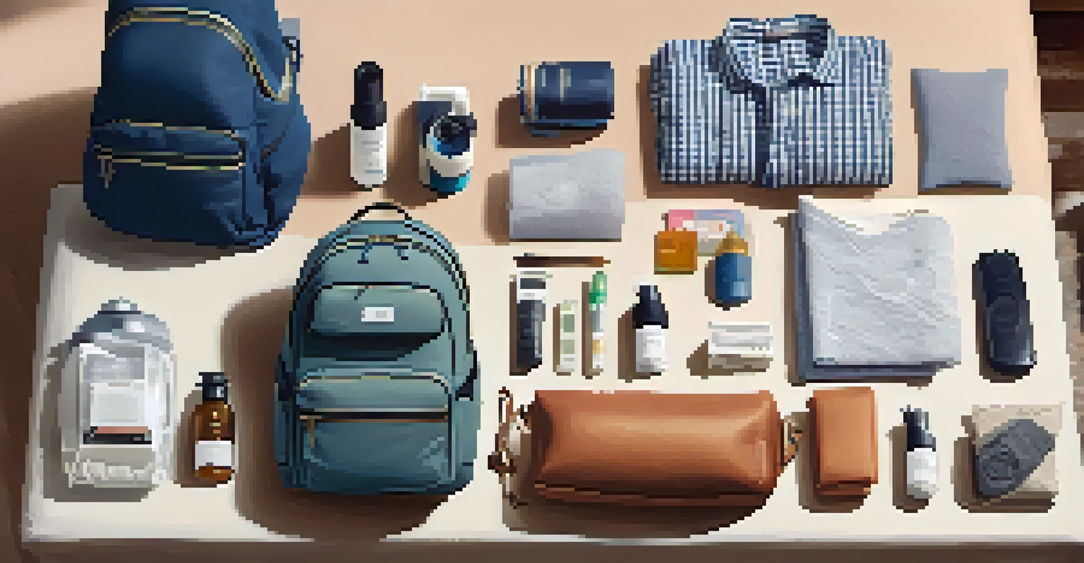 An organized packing setup on a bed with clothing, a backpack, and toiletries arranged neatly under soft natural light.