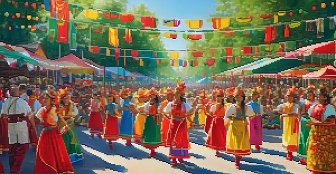 A lively parade at a local festival, featuring dancers in bright costumes and families enjoying food stalls under the sunlight.