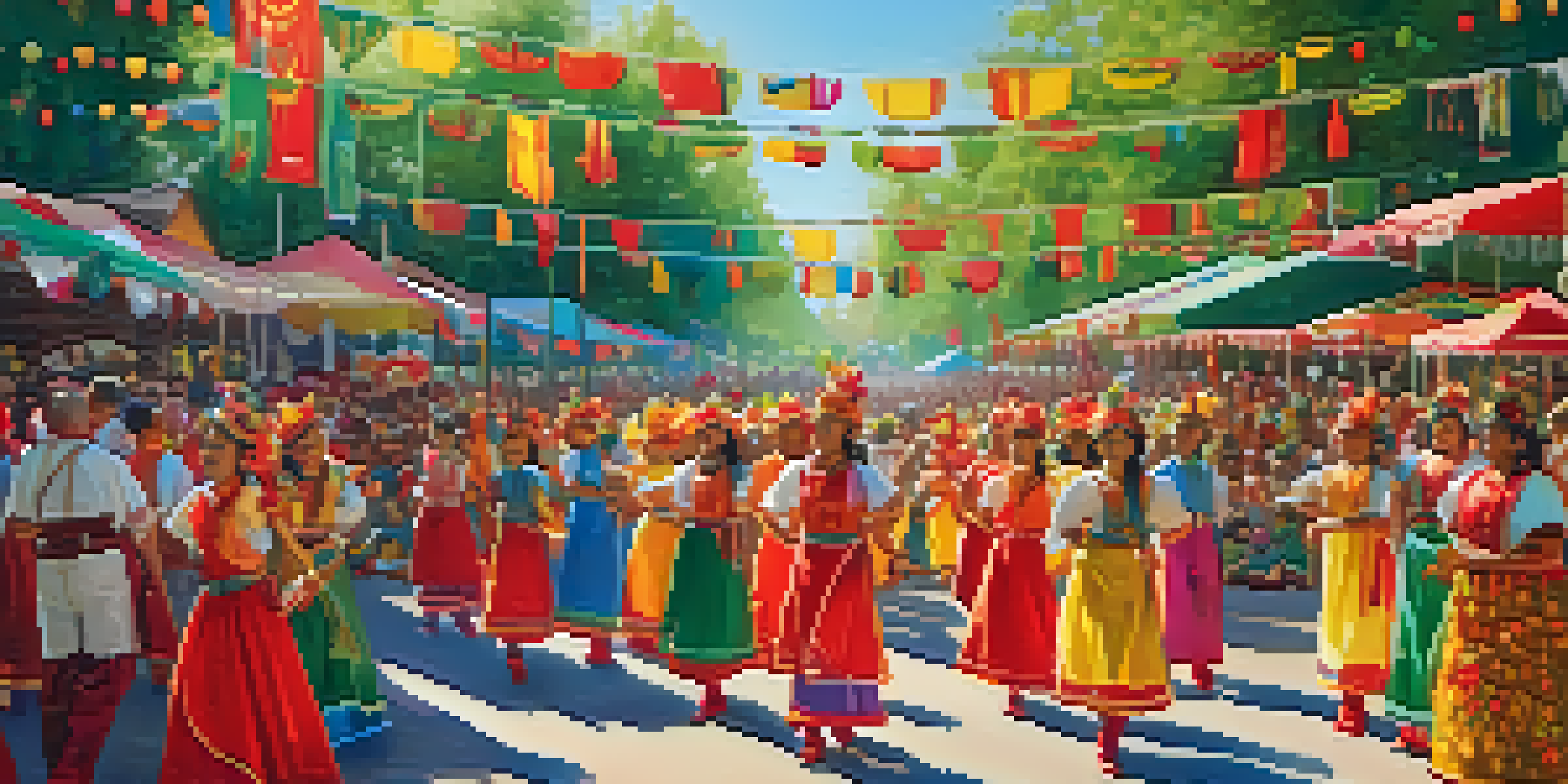 A lively parade at a local festival, featuring dancers in bright costumes and families enjoying food stalls under the sunlight.