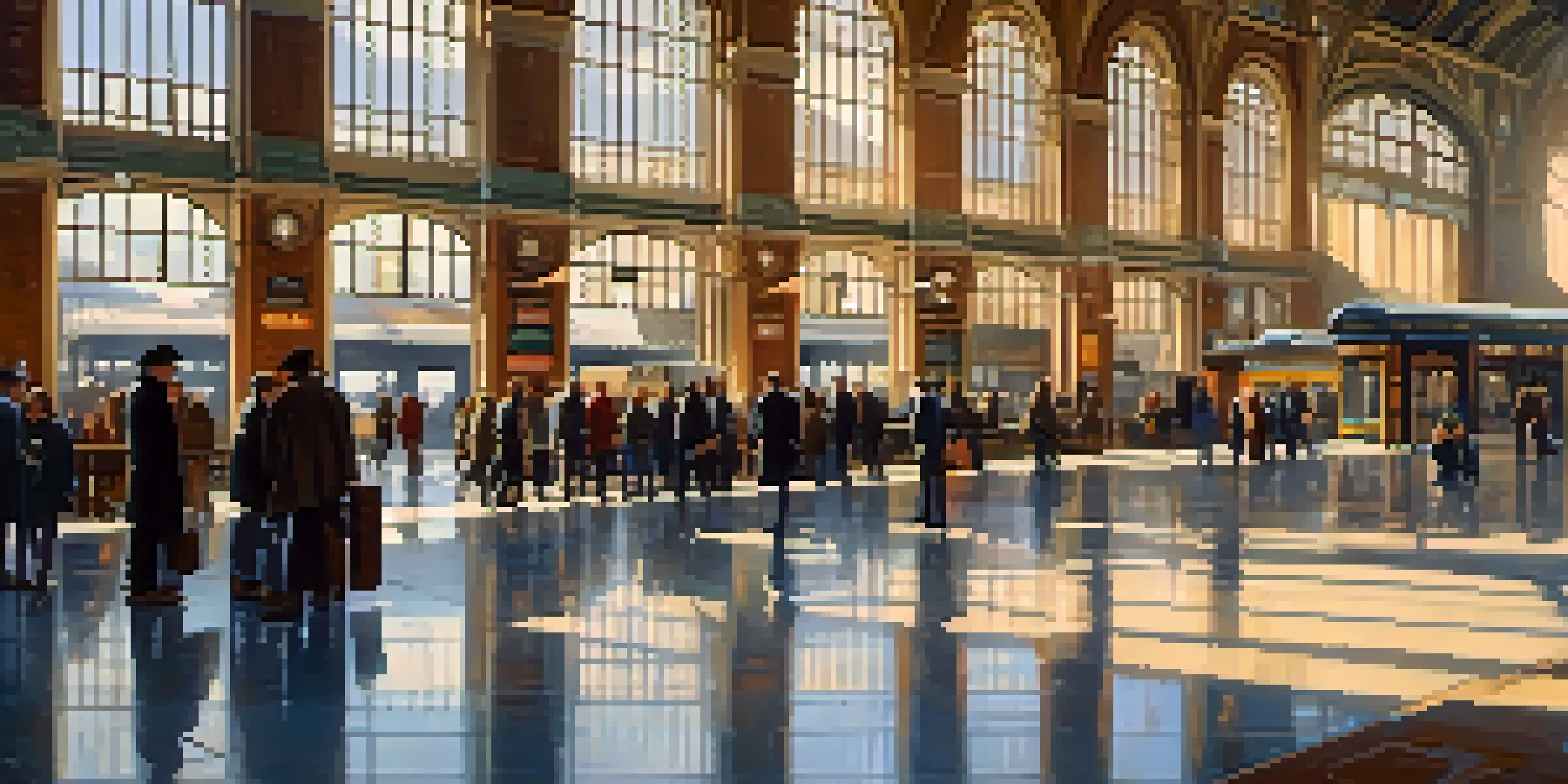 A busy train station with people waiting on the platform, featuring vintage architecture and warm morning light.
