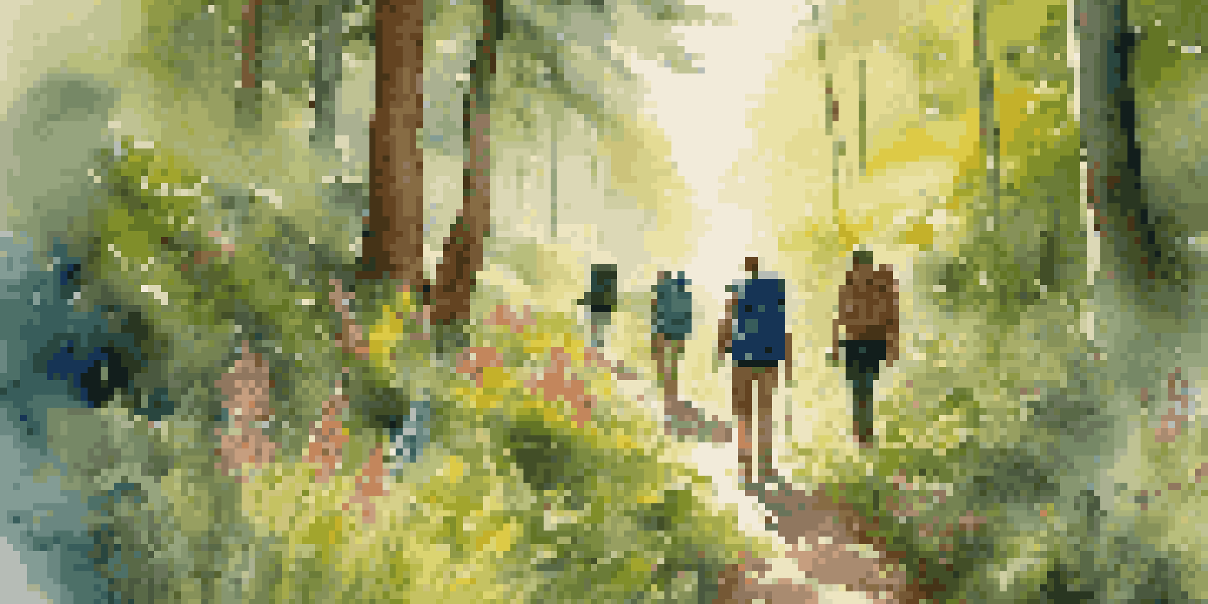A group of diverse travelers hiking in a lush green forest with sunlight filtering through the trees and colorful wildflowers along the trail.