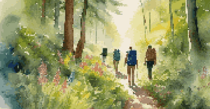 A group of diverse travelers hiking in a lush green forest with sunlight filtering through the trees and colorful wildflowers along the trail.