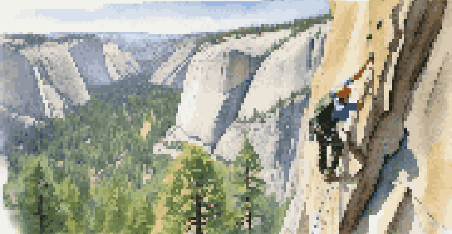 A climber scaling a steep rock face in Yosemite National Park, with a clear sky and trees below.