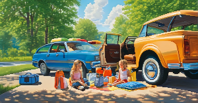 A family enjoying a roadside break during a road trip, with children playing outside a colorful car.