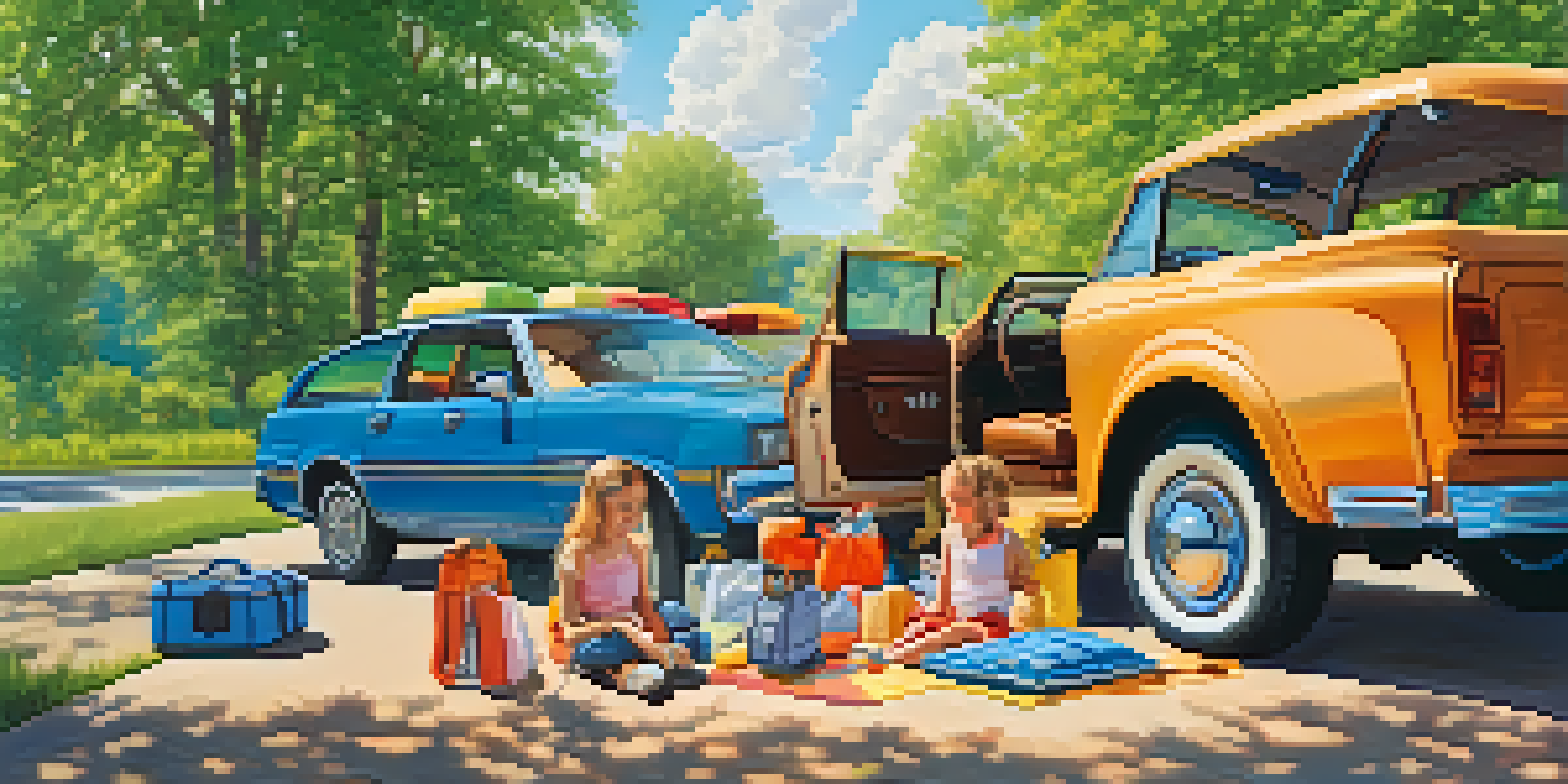 A family enjoying a roadside break during a road trip, with children playing outside a colorful car.
