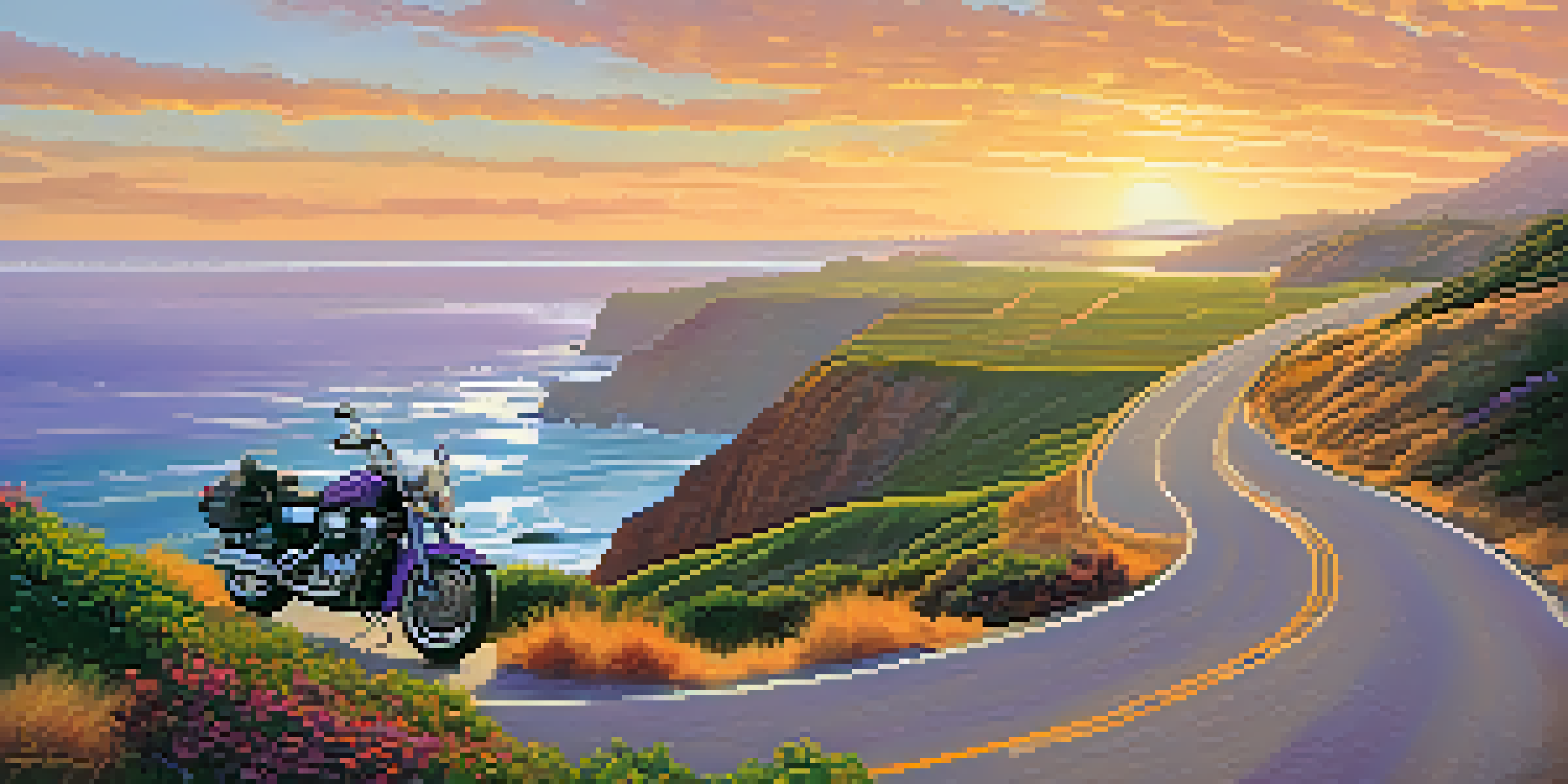 A motorcycle parked on the Pacific Coast Highway with a sunset over the ocean.