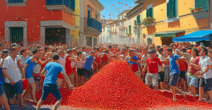 A lively scene from La Tomatina festival in Buñol, Spain, with people throwing tomatoes at each other in a colorful street.