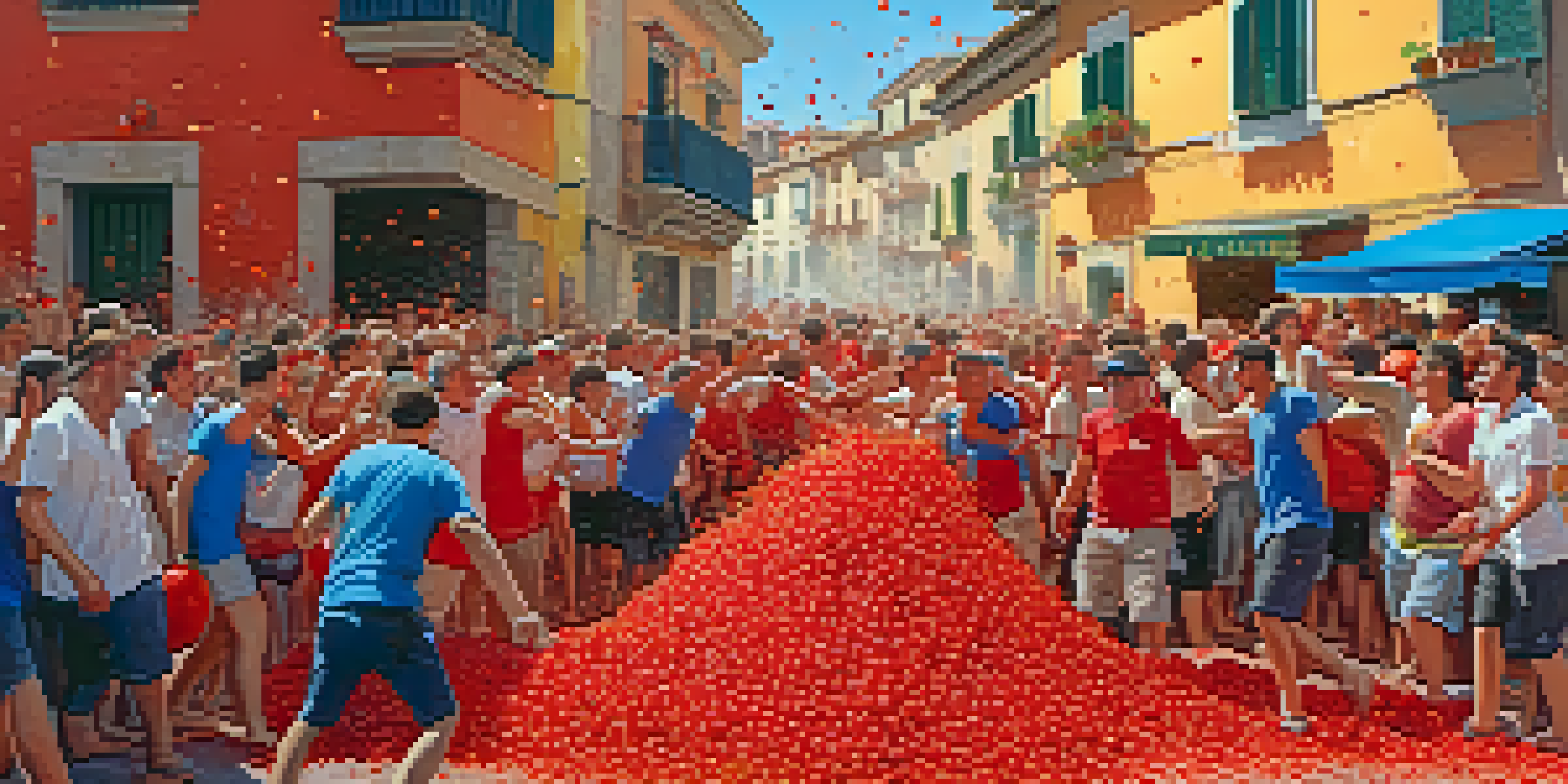 A lively scene from La Tomatina festival in Buñol, Spain, with people throwing tomatoes at each other in a colorful street.