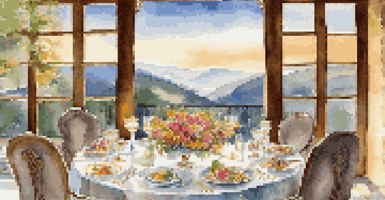 An outdoor dining table set elegantly with fine china and gourmet food, overlooking a stunning mountain landscape.