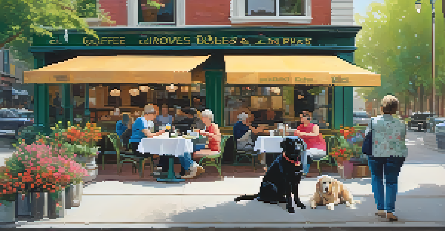 A person enjoys a meal at an outdoor café with a resting Labrador service dog at their feet, surrounded by flowers and other diners in a vibrant setting.