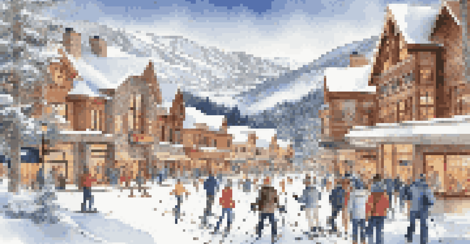 A luxurious winter scene in Aspen with skiers on a slope and a picturesque town below, surrounded by mountains.