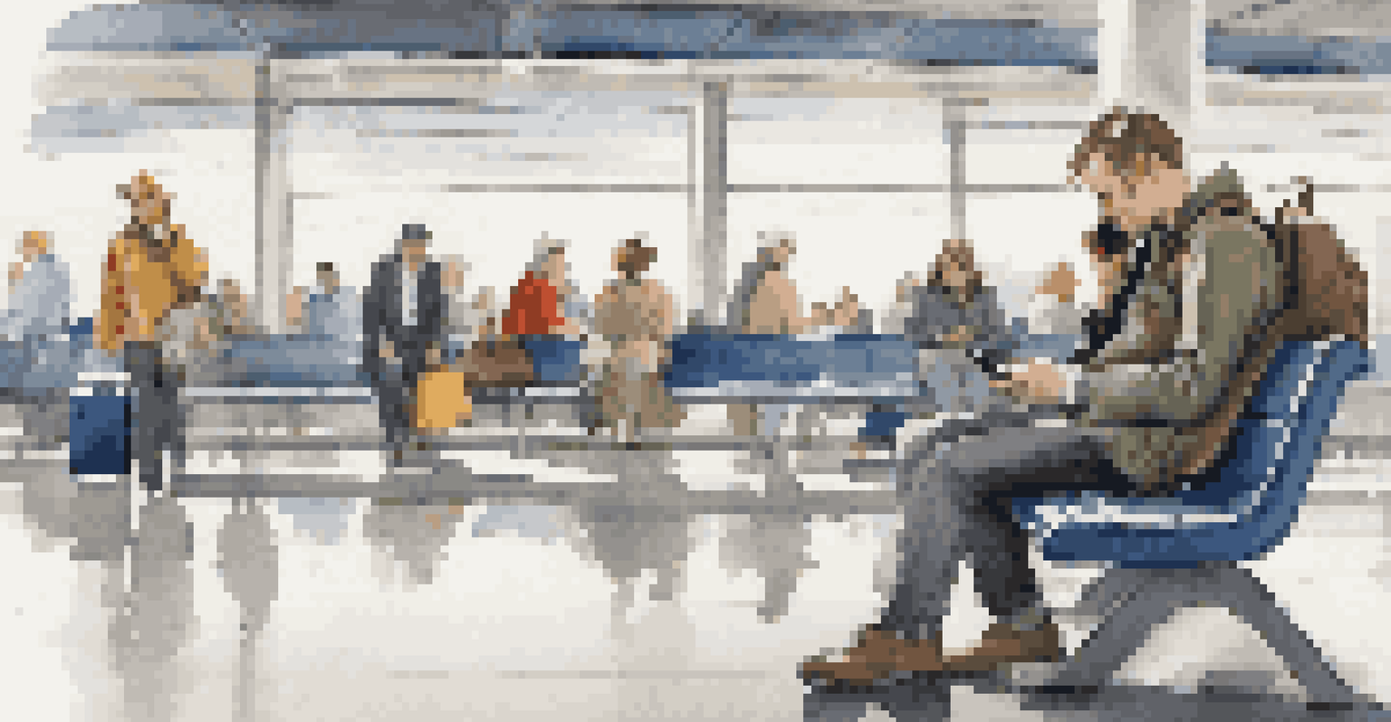 A traveler sitting calmly on a bench in a busy airport, checking safety protocols on their phone.