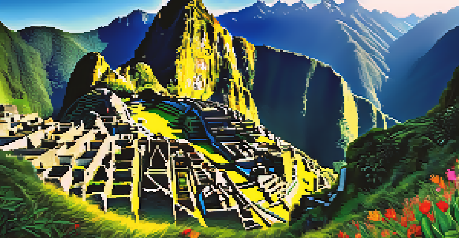 A panoramic view of the Inca Trail leading to Machu Picchu, with hikers amidst lush greenery and mountains.