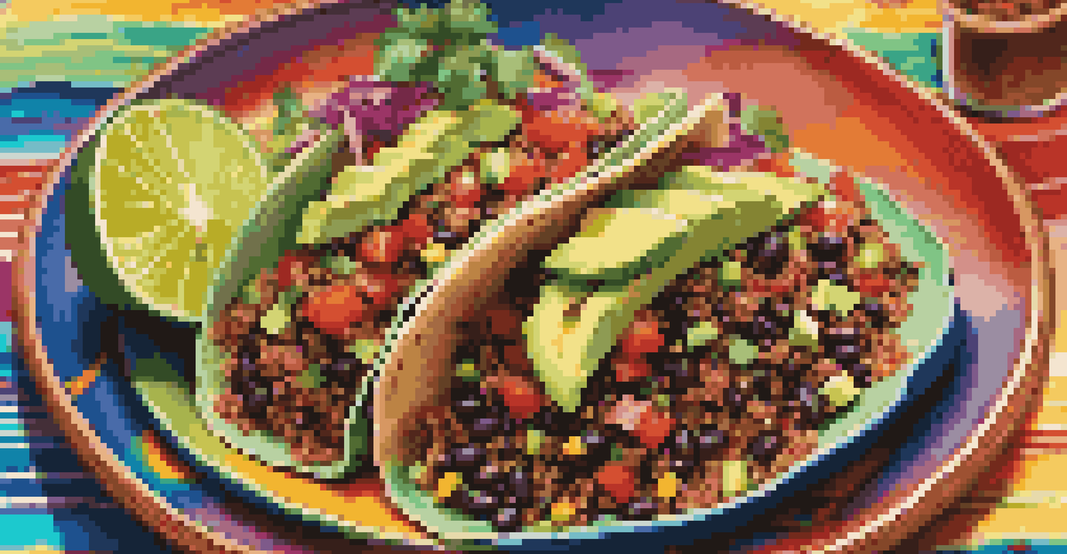 Colorful black bean tacos with quinoa salad on a vibrant textile background.