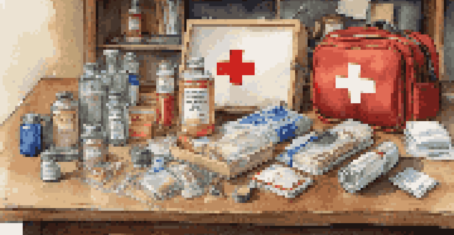 An emergency kit on a wooden table, featuring first aid supplies, water bottles, and food, set against a travel-themed backdrop.