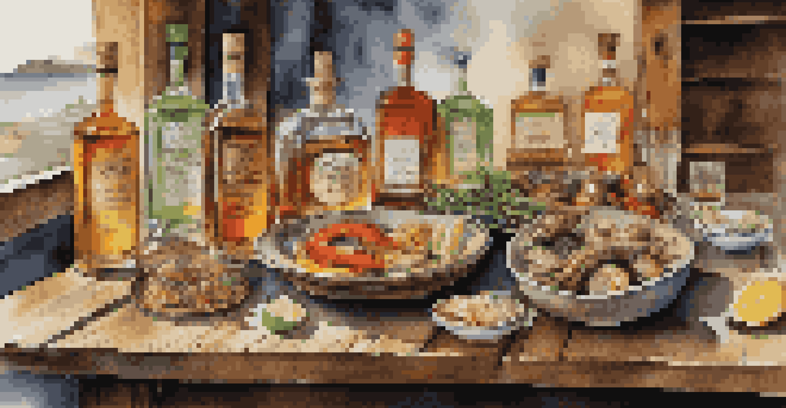 A rustic wooden table showcasing local spirits like mezcal and rum next to grilled vegetables and seafood, illuminated by natural light.