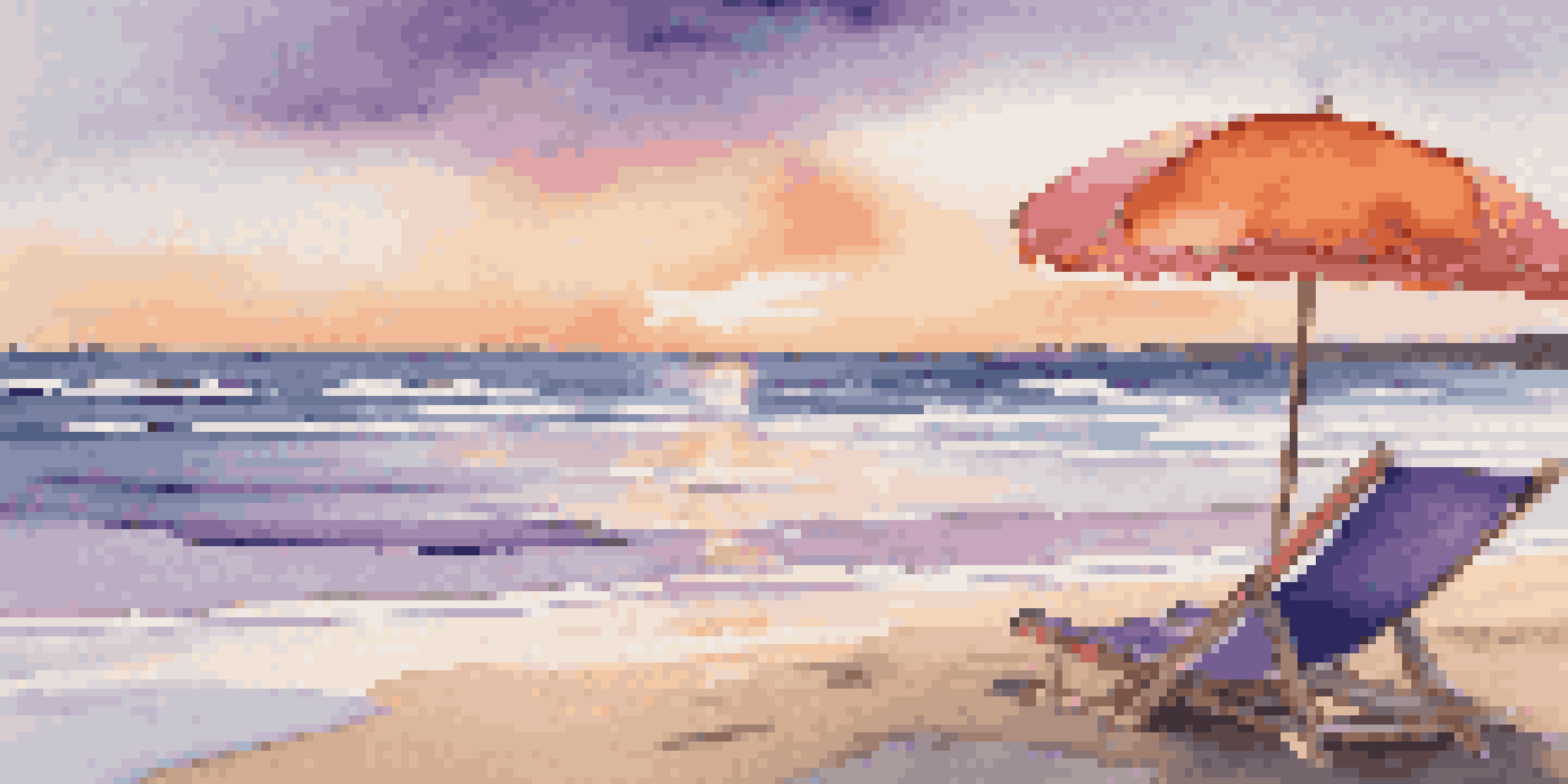 A beach at sunset with waves, a beach umbrella, and flip-flops in the sand, showcasing beautiful colors in the sky.